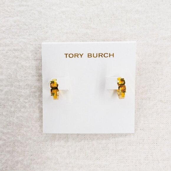 Tory Burch Serif-T Enamel Huggie Hoop Earrings Gold/Lemon OS - Picture 1 of 12